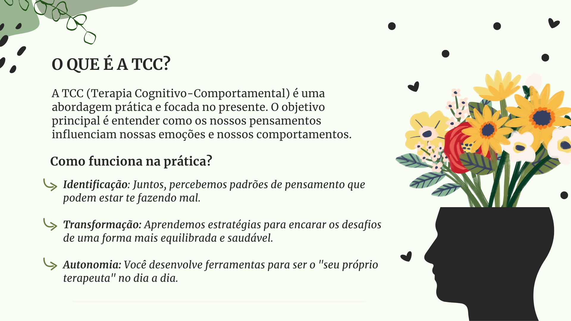 banner descritivo sobre a terapia cognitivo-comportamental, cores presentes: verde, cinza, amarelo, branco e preto. 