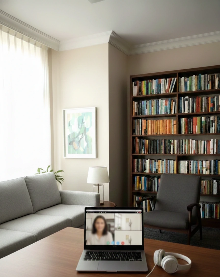 mesa marrom com uma caneca, uma vaso pequeno de planta, livro aberto com folhas em brando, e um notebook aberto em uma tela que aparece uma estante de livros