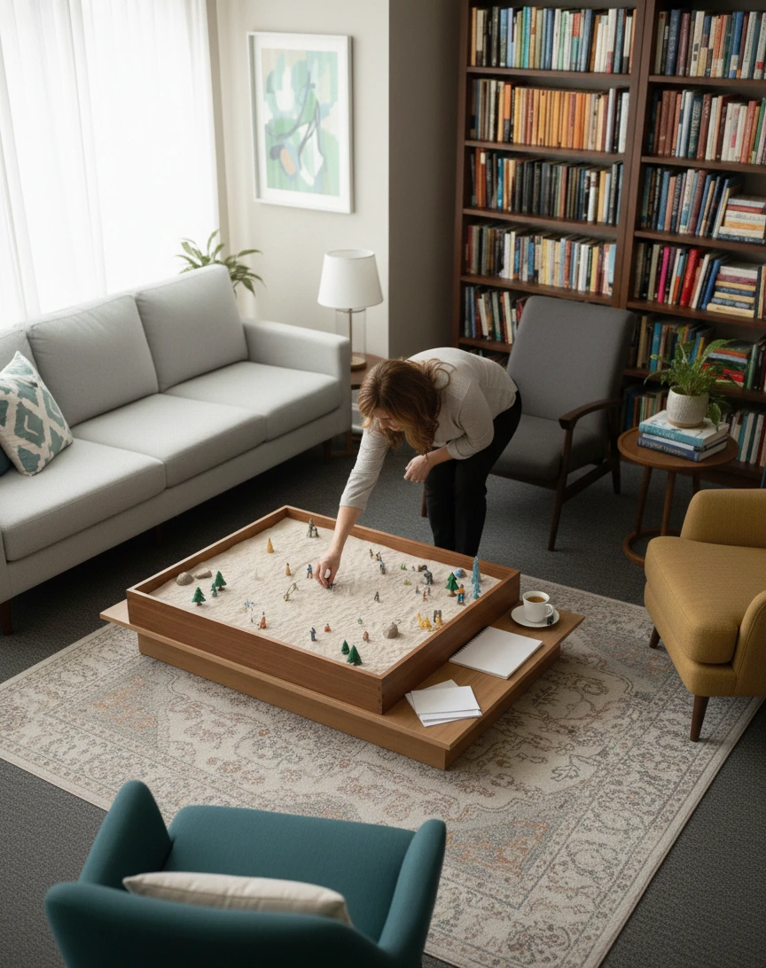 imagem de um consultorio com paredes brancas, estante de livros, sofa branco e poltrona preta. Uma mulher barnca loira interagindo com uma caixa de areia com brinquedos usada em terapia sandplay. 