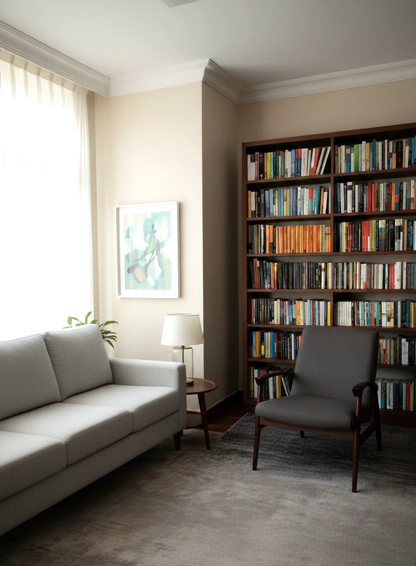 Consultório de um psicologo, com uma poltrona e sofá pretos. Estantes com livros e brinquedos 